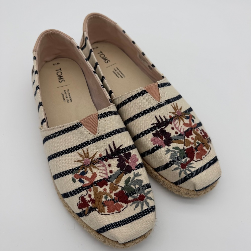 TOMS Classic Floral Embroidery Woven Stripe Alpargata Women Size 10 Cream Navy - Picture 3 of 9
